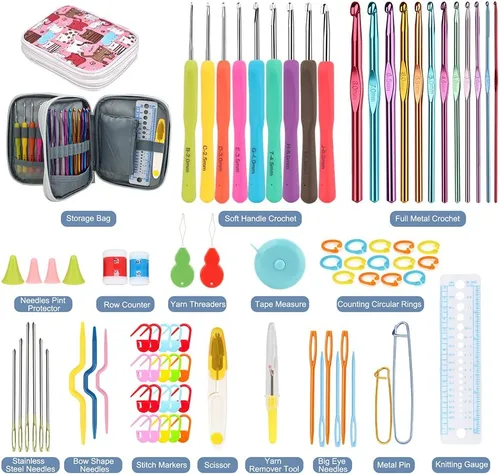 Vista 9 de Katech - Kit de ganchos de ganchillo con estuche, juego de 85 piezas de ganchillo, ganchos ergonómicos para tejer, agujas de tejer, kits de hilo