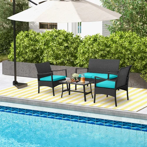 Vista 4 de HAPPYGRILL Juego de 4 muebles de mimbre para patio, juego de conversación de mimbre de polietileno, sofá de ratán con cojines, mesa de centro