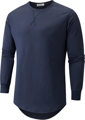 Vista 31 de KLIEGOU Camiseta larga 100% algodón para hombre, preencogida, suave 66 Gris Azul
