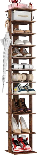 Vista 10 de HOMEFORT Zapatero vertical de 10 niveles, torre de zapatos de esquina, organizador de zapatos delgado con dos ganchos para colgar, soporte