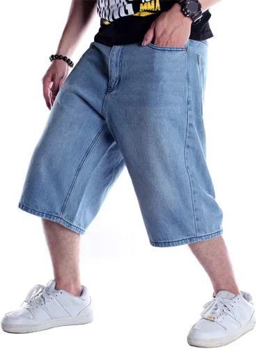 Vista 2 de Kinghua Pantalones cortos de mezclilla holgados para hombre, estilo casual, ajuste holgado, hip hop, monopatín