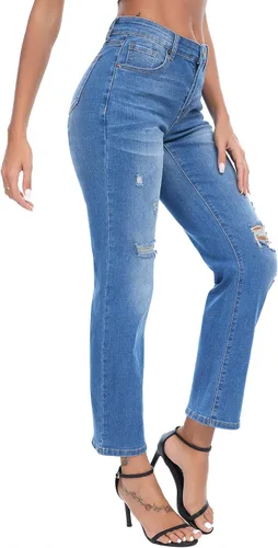 Vista 7 de Jeans para mujer, rasgados de cintura media, jeans estilo boyfriend, pierna recta, elásticos, desgastados, jeans para mamá con agujero