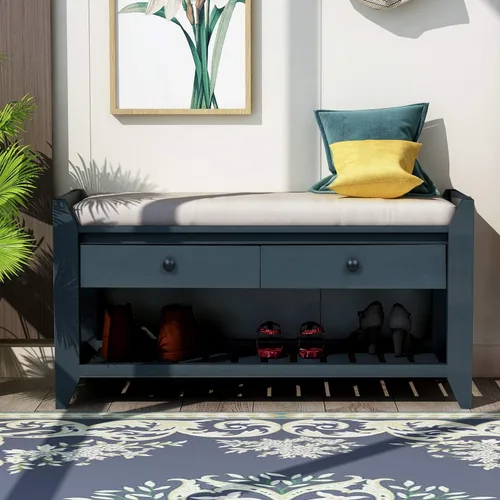Vista 3 de Harper & Bright Designs TREXM Zapatero con asiento acolchado y cajones, banco de almacenamiento multiusos para entrada (azul marino)