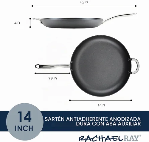 Vista 2 de Rachael Ray 80089 - Sartén antiadherente profesional con mango auxiliar y anodizado duro, 14 pulgadas - Gris