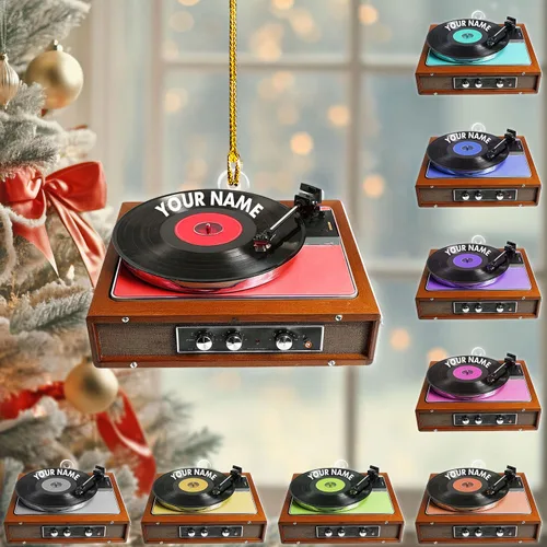 Vista 9 de Adorno de Navidad personalizado, máquina de discos de vinilo, adorno plano 2D, adorno para tocadiscos, instrumento musical, decoración de árbol