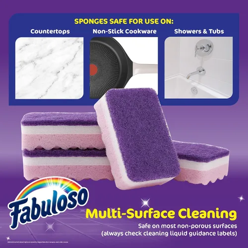 Vista 6 de Esponjas Fabuloso, Púrpura - Limpiador sin arañazos para platos y superficies - Esponja para lavar platos para una experiencia de limpieza audaz