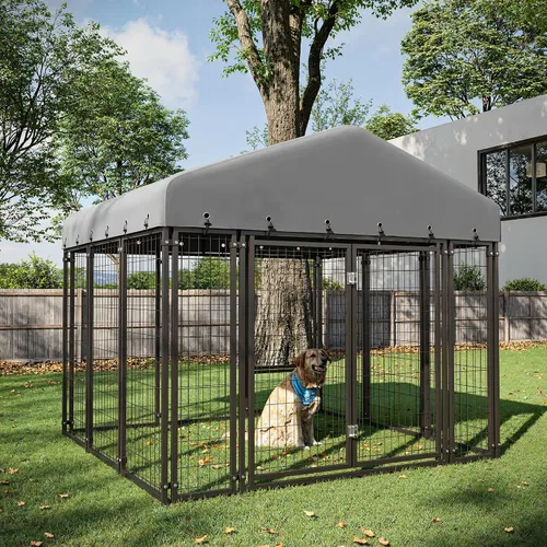 Vista 8 de Perrera grande para perros de 10 x 20 pies, resistente al aire libre con alimentación, jaula duradera para perros con techo y doble cerradura, 120.6