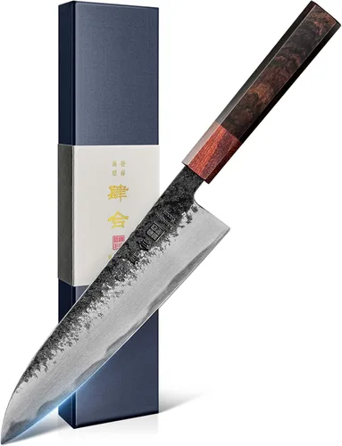 Vista 8 de kanngou Cuchillo Nakiri de chef japonés de 7 pulgadas, cuchillo de chef japonés AUS-8 de acero aleado vegetal con sándalo rojo y mango de madera