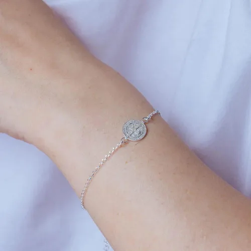 Vista 2 de Pulsera de cadena de eslabones de plata de ley con dije de doble cara de San Benito, Plata de ley, no conocido