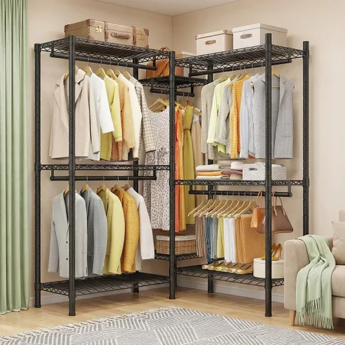Vista 2 de Raybee Perchero en forma de L para esquina, percheros para colgar ropa, 900 libras, perchero resistente para ropa, 74.5 pulgadas de ancho x 18 Negro