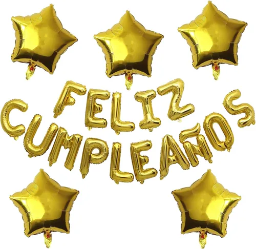 Vista 8 de Cartel de globos de Feliz Cumpleanos con 5 globos de estrella temática de fiesta