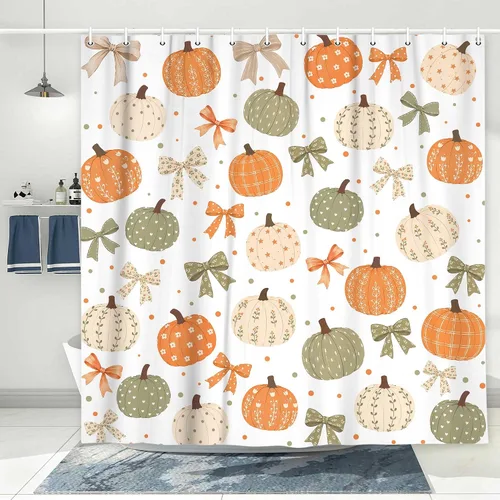 Vista 7 de Boho Fall Pumpkin Bow Shower Curtain for Bathroom, Waterproof Thanksgiving Harvest Autumn Bath Curtain with Hooks, Washable Privacy Curtain for Kids