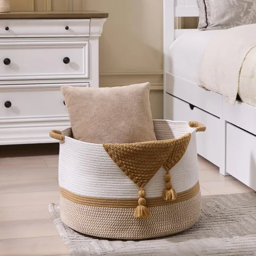Vista 5 de Luxury Little Cesta de almacenamiento extragrande para guardería, 20 x 20 x 13.8 pulgadas, 100 % algodón con asas, cesta de manta para juguetes