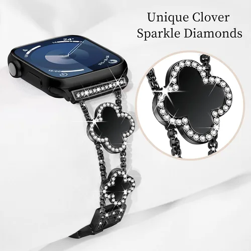Vista 2 de wipalor Correa de trébol de cuatro hojas para Apple Watch para mujer de 42mm 41mm 40mm 38mm, correas delgadas iWatch para mujer, correas metálicas