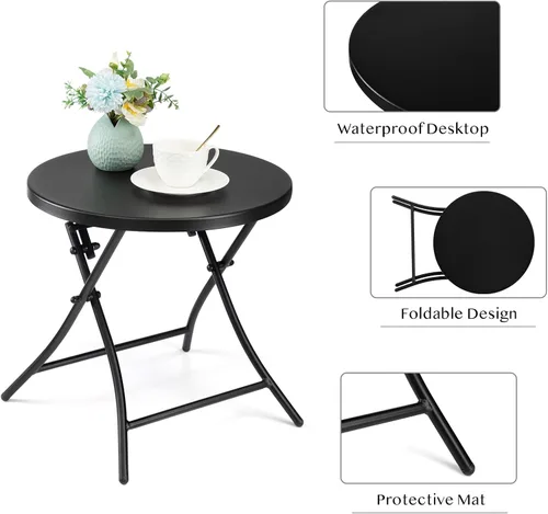 Vista 5 de Mesa auxiliar para exteriores, mesa auxiliar redonda plegable de metal, resistente a la intemperie, mesa decorativa de patio pequeño para porche