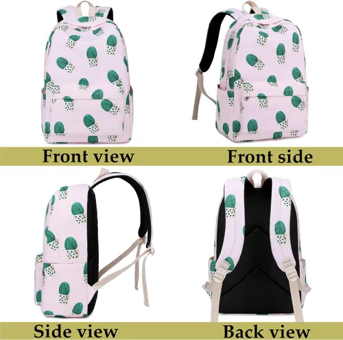 Vista 2 de Juego de mochila escolar de 3 piezas, ligeras, para adolescentes, niñas, con aislamiento, estuche para lápices (Cactus)