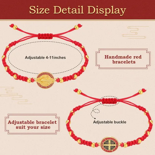Vista 2 de 12 pulseras de San Benito hechas a mano con cordón rojo pulseras de rosario ajustables regalo de suerte para mujeres hombres niños y niñas Metal