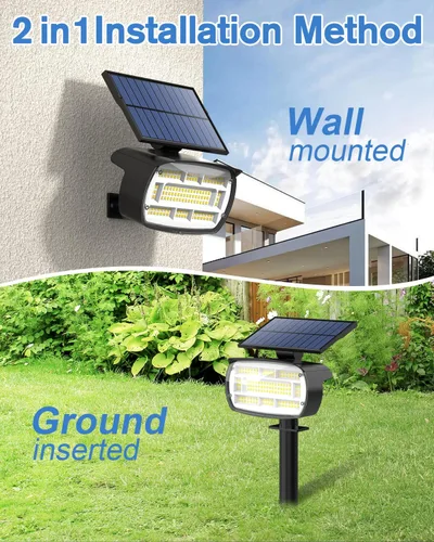 Vista 8 de Fabrito Focos solares grandes para exteriores, paquete de 2 unidades, 1000 lúmenes de alto brillo, foco solar impermeable IP65 con 136 LED, luces