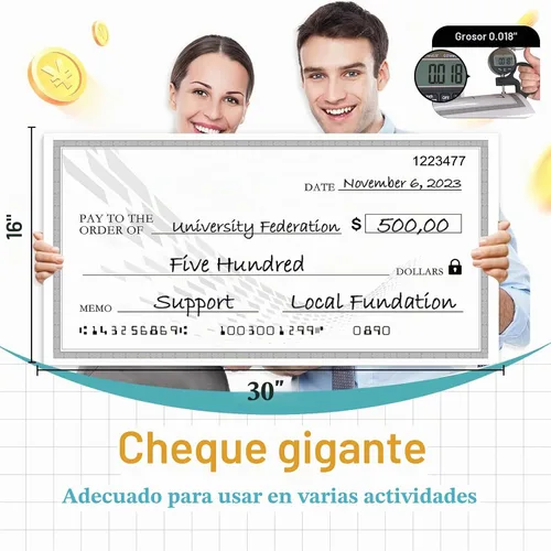 Vista 4 de Big Check - Cheque gigante reutilizable en blanco de 30 x 16 pulgadas para premios y donaciones