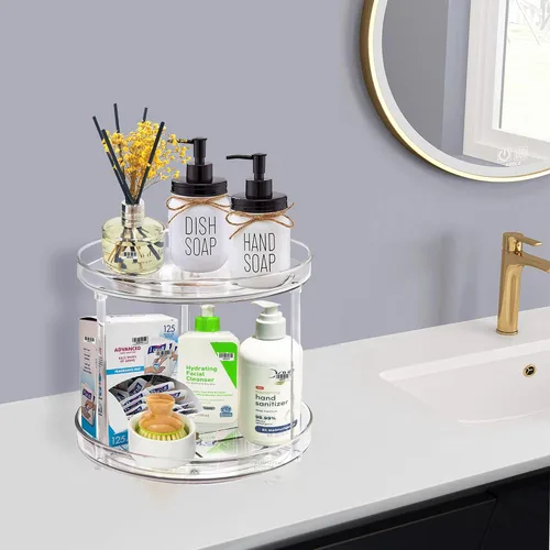 Vista 4 de Organizador Lazy Susan de 2 niveles para baño, organizador de maquillaje giratorio de 360 grados de 9.25 pulgadas transparente para tocador