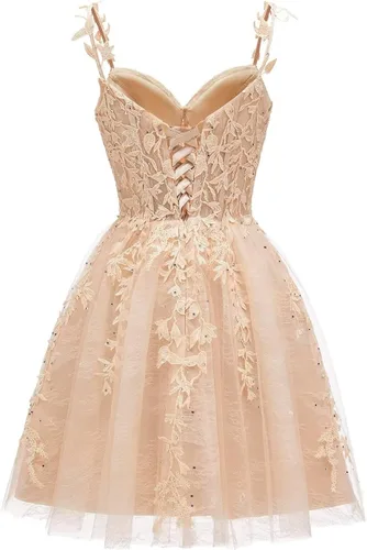 Vista 4 de Vestidos cortos de tul con apliques de encaje para mujer, cuello en V, vestidos cortos de cóctel para adolescentes