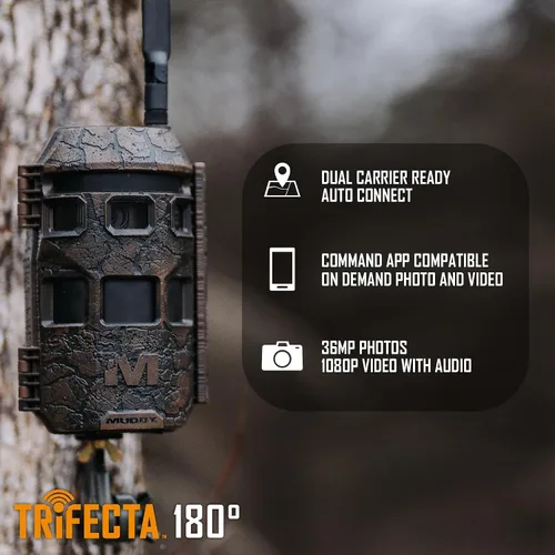 Vista 5 de Muddy Trifecta Cámara de rastreo celular de 180 grados 36MP 180 Degree Panoramic, 36MP Photos, 1080p Video with Audio, 0.4 Second Trigger, 80 Ft