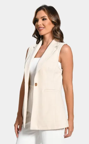 Vista 3 de Foucome Chaleco largo sin mangas para mujer, con solapa, traje de oficina, informal, chaqueta de gabardina
