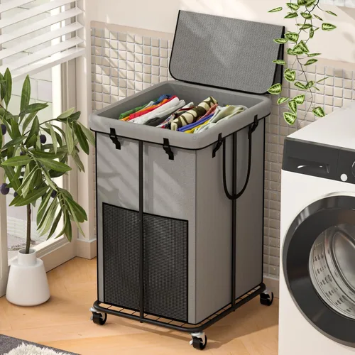 Vista 9 de Cestos grandes para la ropa sucia con tapa, cestas de tela Oxford, marco de metal y diseño de bolsa extraíble con ruedas, adecuadas para dormitorio