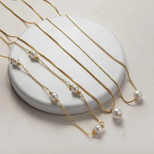 Vista 7 de Collares de perlas para mujer, gargantilla de oro simple chapado en oro de 14 quilates, collar de perlas de oro delicado, collar de cadena de perlas