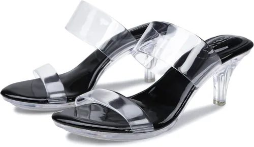 Vista 8 de NBUUNBU Tacones transparentes para mujer, tacones negros plateados, con plataforma pequeña, sandalias de tacón alto sexy, sandalias de tacón