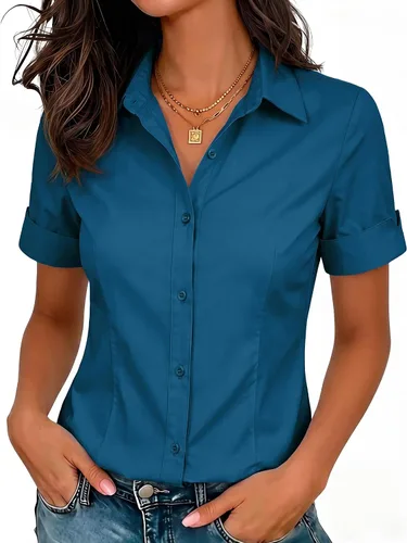 Vista 24 de siliteelon Camisas de vestir de manga corta con botones para mujer, camisas de algodón con botones para mujer, blusa ajustada de manga 3/4 Beige