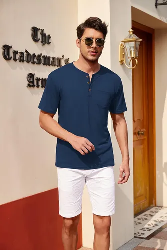 Vista 4 de COOFANDY Paquete de 3 camisetas Henley de manga corta para hombre, estilo casual, básicas, de verano, con bolsillo
