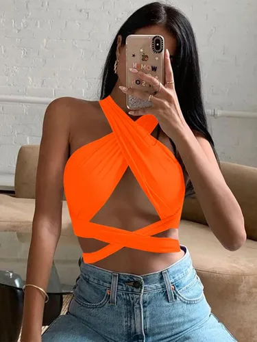 Vista 3 de ZAFUL - Ombliguera cruzada acanalada para mujer camiseta corta sin mangas con diseño fruncido, con lazos y estampado cruzado