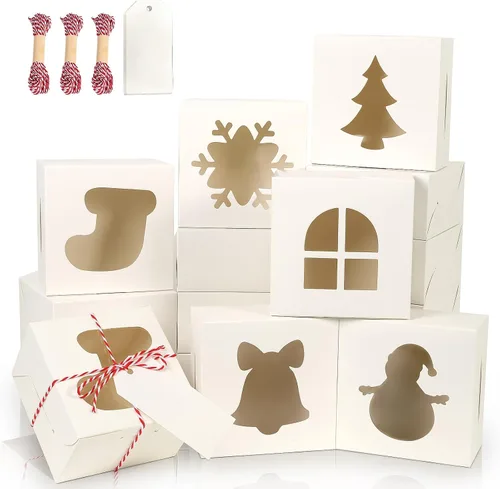 Vista 8 de 24 piezas Cajas de pastelería marrones con ventana, cajas de galletas de Navidad pequeñas de 4x4x2.5 pulgadas, cajas de regalo de Navidad