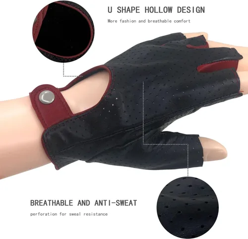 Vista 4 de ZLUXURQ Guantes de conducción de piel sin dedos suave y transpirable para mujer, piel de cordero prémium