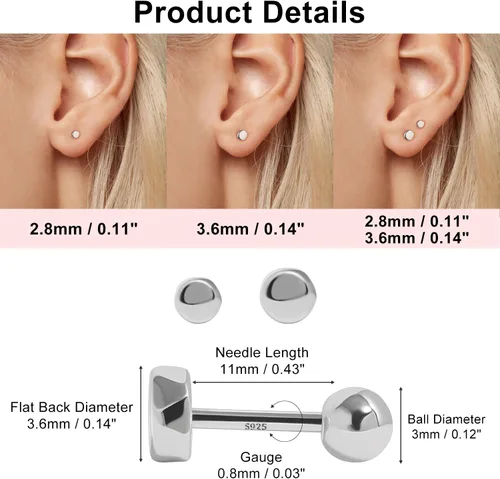 Vista 2 de Aretes con Cierre de Tornillo de Bola de Plata de Ley 925 Tachuelas con Cierre de Bola de Seguridad para Dormir Aretes de Tachuela para Hombres