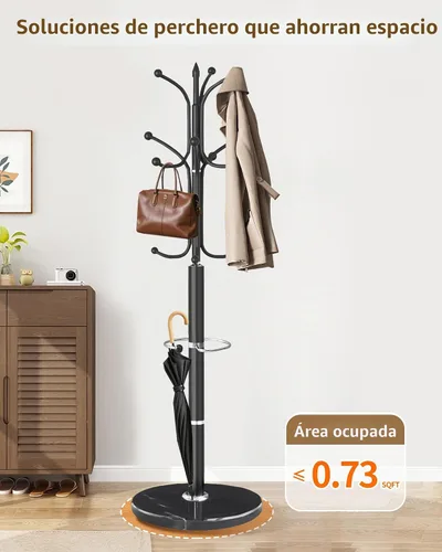 Vista 8 de EZIVIEZ Perchero Moderno de Pie, Perchero de Metal Independiente con Base de Mármol Natural, Percheros Resistentes con Portaparaguas, Perchero Negro