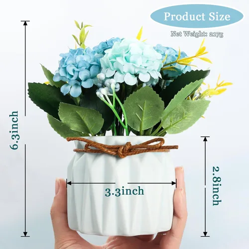 Vista 2 de Fumwase Ramo de hortensias artificiales con pequeño jarrón de cerámica, plantas de flores artificiales, mini flores de hortensias falsas, decoración