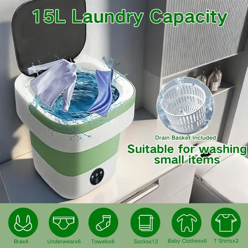 Vista 2 de Mini lavadora portátil de 15 litros, lavadora plegable con 3 modos de limpieza para ropa interior, ropa de bebé, pequeña lavandería plegable