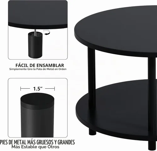 Vista 5 de Mesa de Centro Redonda Pequeña con Almacenamiento Abierto para Espacios Pequeños, 23.5" Negra Mesa Central de Madera de 2 Niveles para Sala de Negro