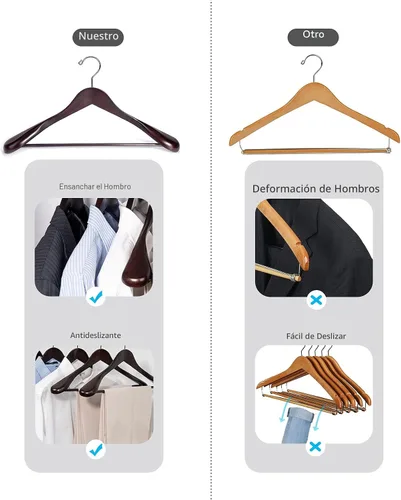 Vista 7 de Nature Smile Perchas de madera de caoba de lujo para trajes, paquete de 6, perchas de madera para abrigos, perchas para camisas para chaquetas