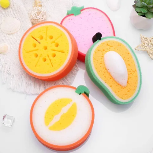 Vista 3 de 4pcs Premium Frutas Baño Scrubbers Herramientas de baño para (Mango+ Miel - Melón de rocío+Naranja+Fresa)