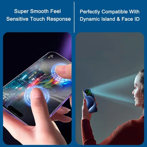 Vista 6 de Paquete de 2 protectores de pantalla de privacidad mate para iPhone 15 Pro Max con marco de fácil instalación, tacto suave y sensible, protección