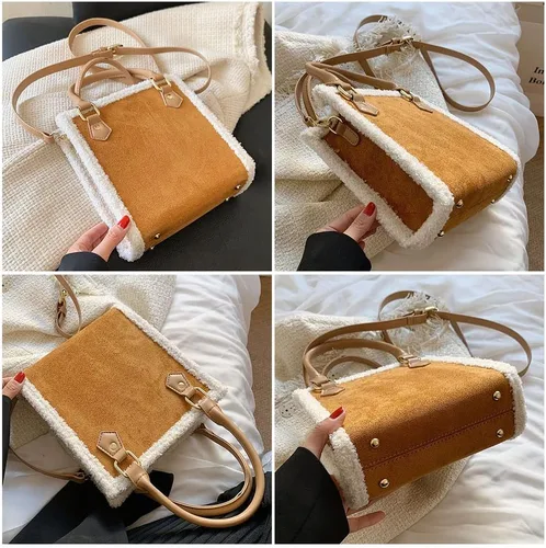 Vista 4 de Mudono Bolsos de mano para mujer, bolso pequeño de gamuza, bolso cuadrado cruzado al hombro con ribete de piel de oveja sintética y correa