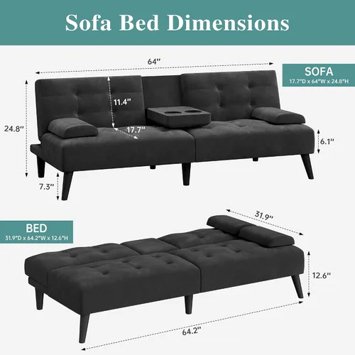 Vista 2 de Sofá cama futón de 64 pulgadas, sofá biplaza pequeño, portavasos