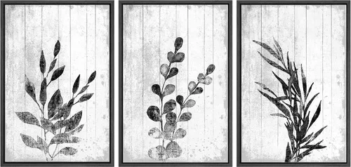 Vista 124 de SIGNWIN Lienzo enmarcado para pared, juego de arte de collage de hojas transparentes en blanco y negro, ilustraciones de naturaleza silvestre, arte