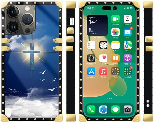 Vista 2 de Funda compatible con iPhone 15 Pro Max (6.7 pulgadas), patrón de fe cristiana de Jesús, dorado, de lujo, suave TPU duro, parte trasera