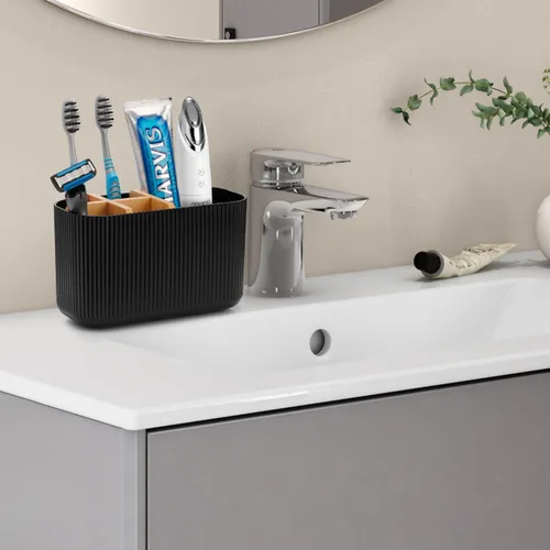 Vista 2 de GFWARE Soporte para cepillos de dientes negro – Portacepillos de dientes de bambú para baños, organizador de cepillos de dientes eléctrico