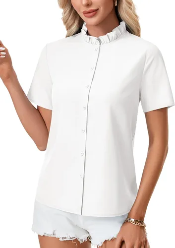 Vista 2 de Rooscier Blusa elegante de manga corta con botones y cuello alto para mujer