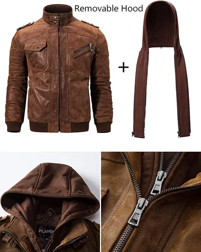 Vista 5 de FLAVOR - Chaqueta de moto para hombre cuero marrón con capucha extraíble